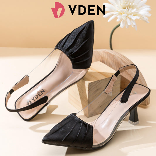 VDEN Satin Patent Leather Slingback-Heeled Shoes For Women 2.7INCH/7CM 4408-3 Fairy Style Sandals With Pointed Toe Fashionable Color Matching And Transparent Stitching Color