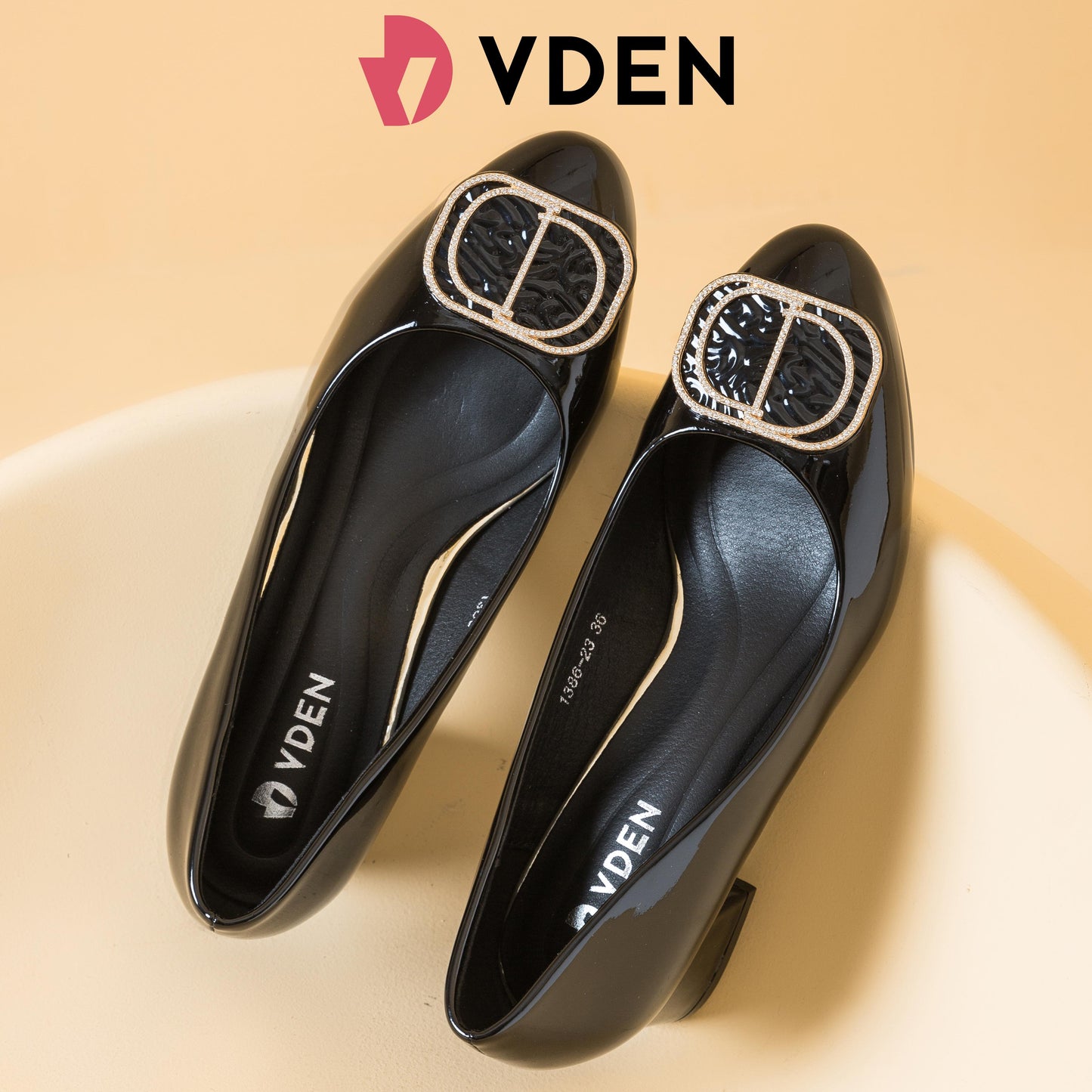 VDEN Round Toe Women's Slip On Metal Buckle Patent Chunky Low Heel Pumps Shoes 1.9INCH/4.8CM 1386-23 Chunky Heel Slip-on Shoes For Women Office Thick Heel Shoes With Rhinestones Old Money Style Heels Elegant Women's Shoes High-end Women's Shoes