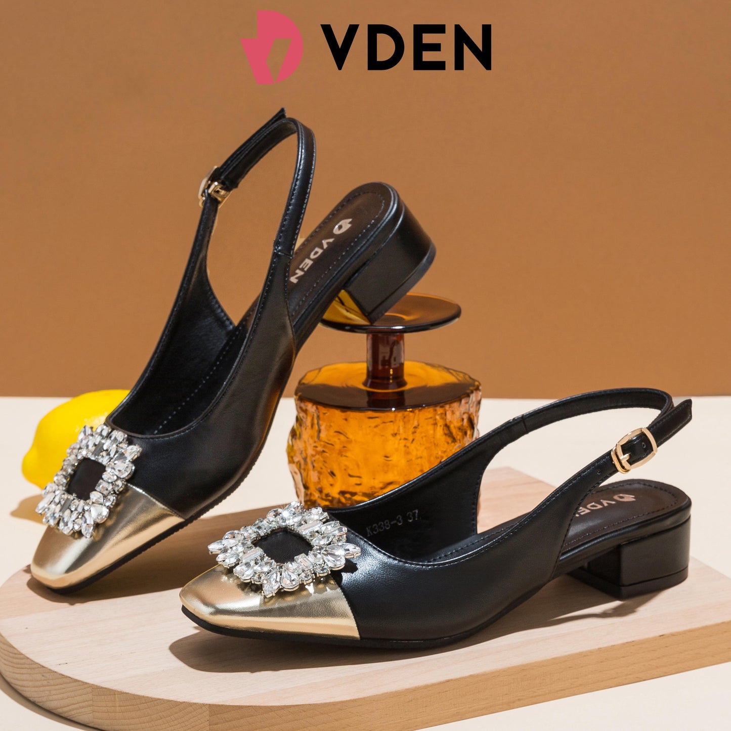 VDNE Rhinestone Square Toe Thick Heel For Women (NEED ADD 1 SIZE) 3CM/1.1INCH Square Buckle Slingback Shoes K338-3 Retro Color Block Heels