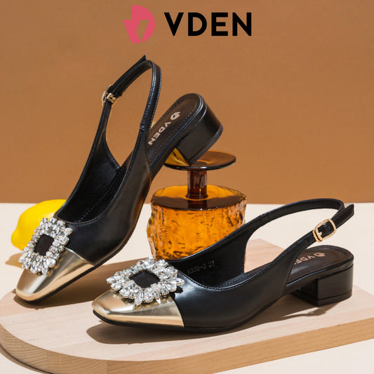 VDNE Rhinestone Square Toe Thick Heel For Women (NEED ADD 1 SIZE) 3CM/1.1INCH Square Buckle Slingback Shoes K338-3 Retro Color Block Heels