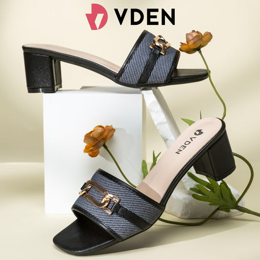 VDEN Women's Retro Color Block Chunky Heel Sandals 2INCH/5CM 6045-35 Korean Old Money Style Stylish Women Solid Block Heels Sandals Open Toe Heels Metal Buckle Decoration Footwear Walking Shoes Comfort Summer