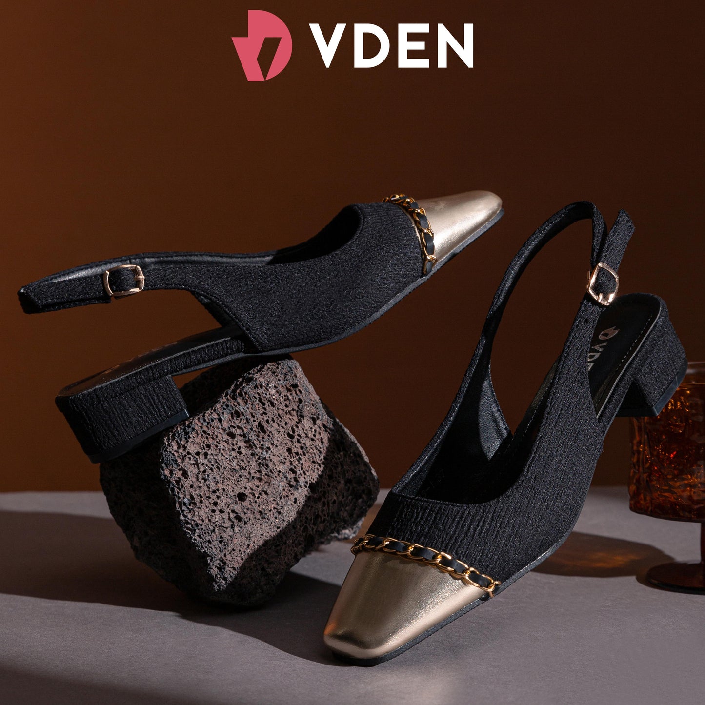 VDEN Women Slingback Cuban Heel Square To Shoes For Women 3CM/1.1INCH Slingback Square Toe Shoes K338-1 Retro Chain Color Block Sandals
