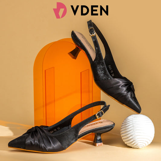 VDEN Women Slingback Shoes With Buckle Design Pointed Toe mid heel 2INCH/5CM 680-18 Elegant Satin Upper Decoration French Simple Stiletto Shoes