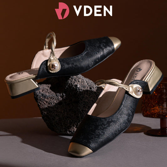 VDEN Block Heel Square Toe Mule Shoes for Women 3CM/1.1INCH Color Block Special Fabric Sandals K792-1 Ladies Slip-on Shoes