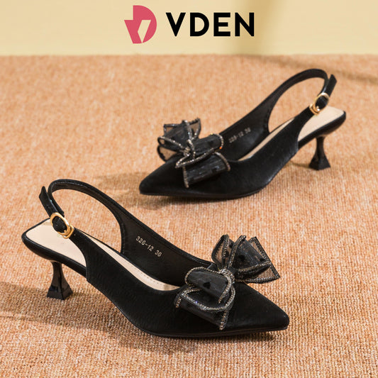 VDEN Women's Luxury Sandals Mid Heels Bow Tie Pointed Slingback Shoes 2.5INCH/6CM 326-12 Elegant Bow Slingback Heels for Women Chic Pointed Toe Kitten Heels with Bow Graceful Ribbon Bow Evening Heels Crystal Bow Wedding & Party Heels