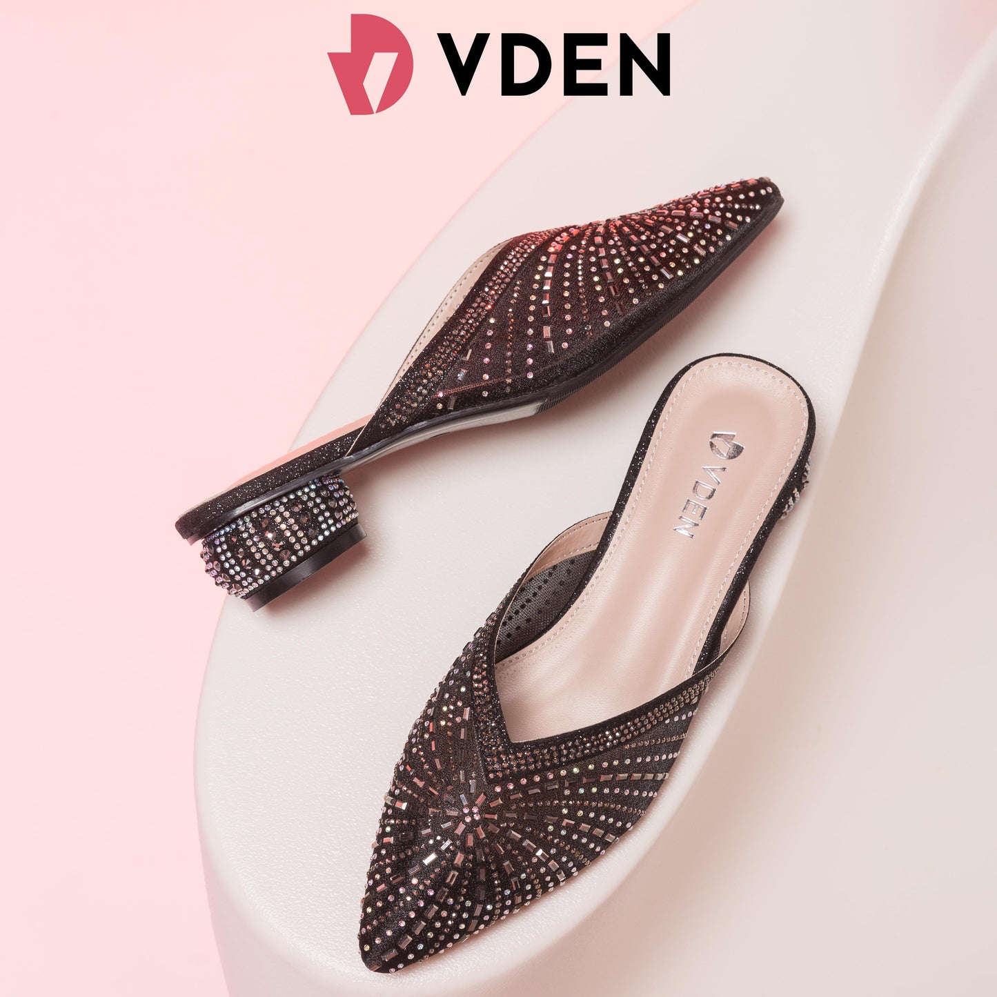 VDEN Pointed Toe Heels Sandal 608-A3-8 Mules Half Slippers For Women Summer Thick Heel Outer Wear 2024 New Style Genuine Leather Rhinestone Fashion Pointed Toe Medium Heel Sandals For Women