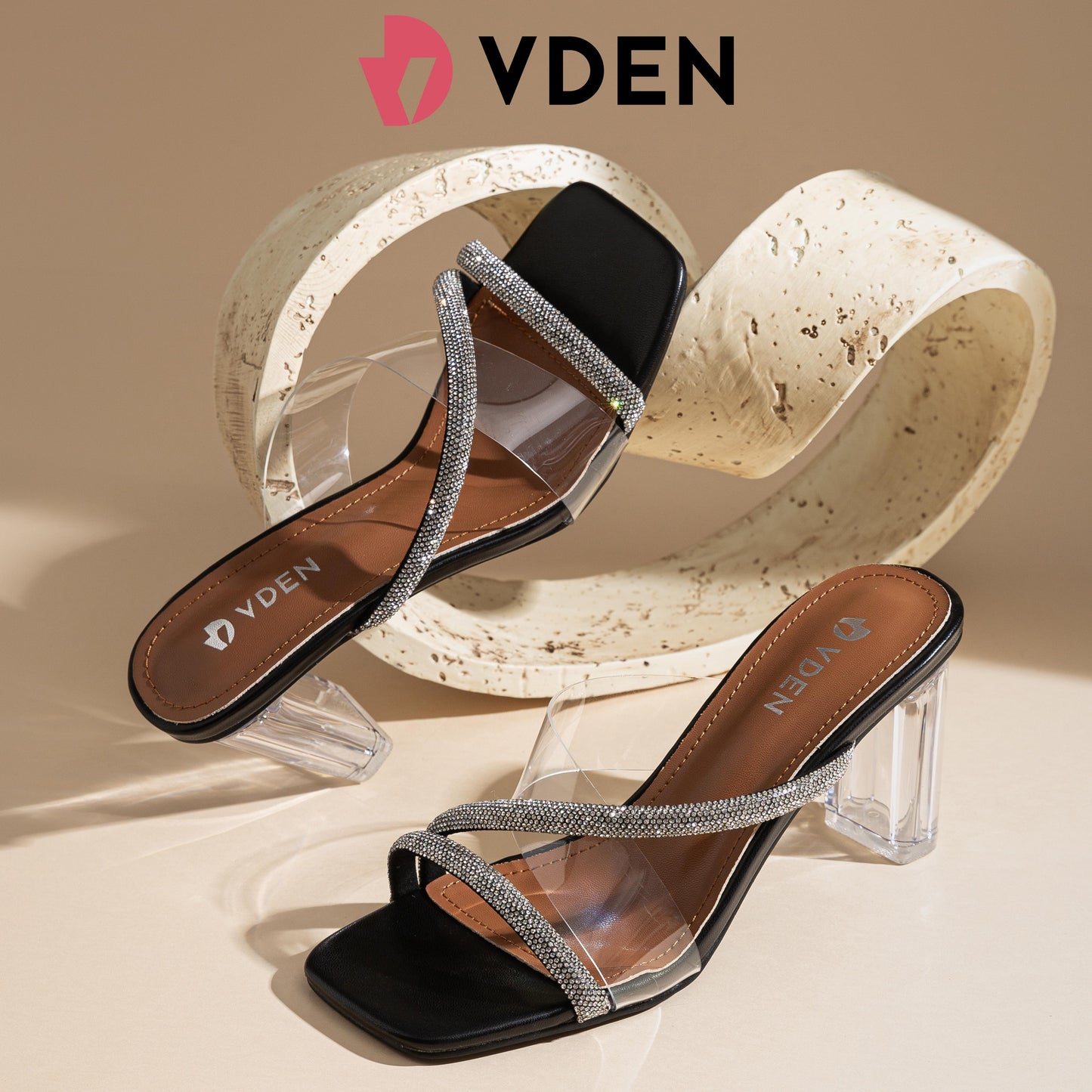 VDEN Heels Women's High-heeled Sandals  Horseshoe Heels 3INCH/7.7CM 1855-D1 Comfort Elegant Girl Footwear Classy Open Toe Rhinestones Decoration Transparent Strap Crystal Heels Sexy Sandals Heels