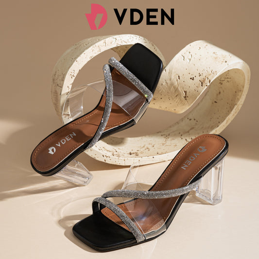 VDEN Heels Women's High-heeled Sandals  Horseshoe Heels 3INCH/7.7CM 1855-D1 Comfort Elegant Girl Footwear Classy Open Toe Rhinestones Decoration Transparent Strap Crystal Heels Sexy Sandals Heels