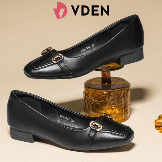 VDEN Square Toe Office Slip-on Shoes For Women 1INCH/2.5CM 628-342 Elegant Women Textured Small Heel Pumps Shoes Simple Low-heeled Women's Shoes Comfortable Commuting Thick-heeled Shoes With Metal Buckle Decoration