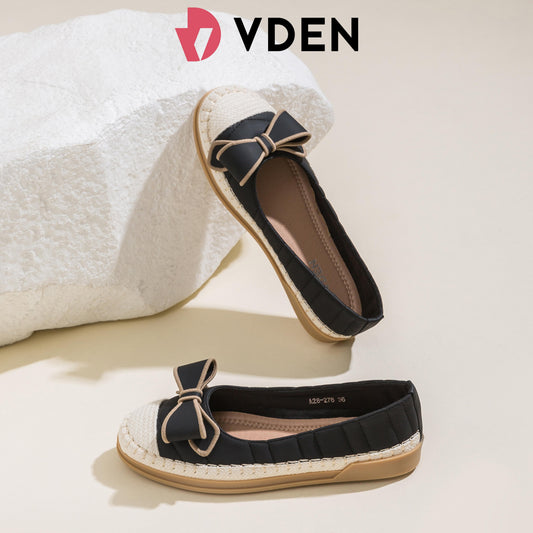 VDEN Elegant Slip-On Espadrille Flats with Stylish Bow and Textured Woven Sole 0.6INCH/1.7CM A28-278 Minimalist Comfort Slip-On Flats With Retro Bow Detail Casual Chic Canvas Slip-Ons for Women Lightweight Everyday Slip-On Shoes