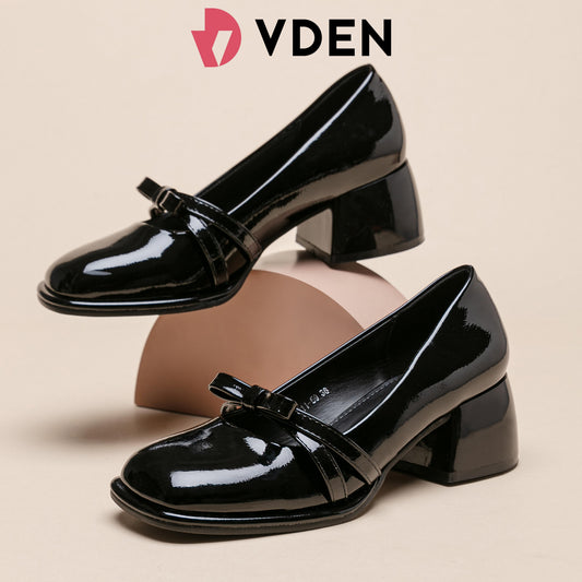 VDEN Fashionable Ribbon Chunky Heeled Lady Pumps Shoes 2INCH/5CM 311-59 Korean Style Elegant Square Toe Thick Heel Mary Jane Patent Leather Shoes Bow Decoration