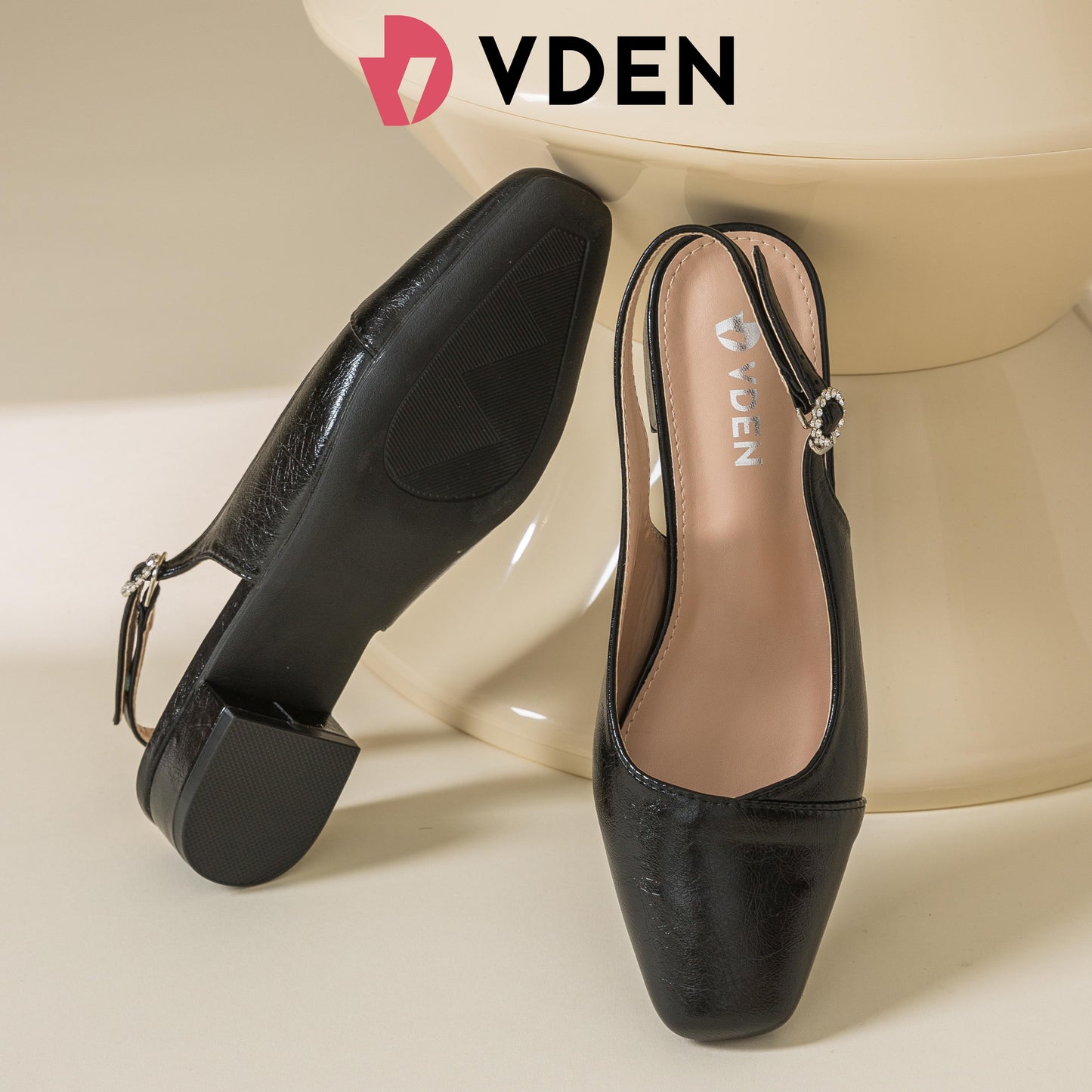 VDEN Women's Square Toe Slingback Low Block Heel Mule Pumps 1.1INCH/2.7CM 5066-14 Chic Minimalist Low Heel Slingback Pumps Comfortable Square Toe Office Heels Versatile Stylish Retro Square Toe Low Block Pumps
