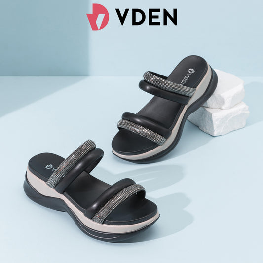 VDEN Elegant Double Strap With Rhinestone Wedge Sandals 1.4INCH/4.5CM Women's Simple Thick-soled Fashion Sandals Korean Style Rhinestone Temperament Casual Sandals Women's Slippers 23518-B