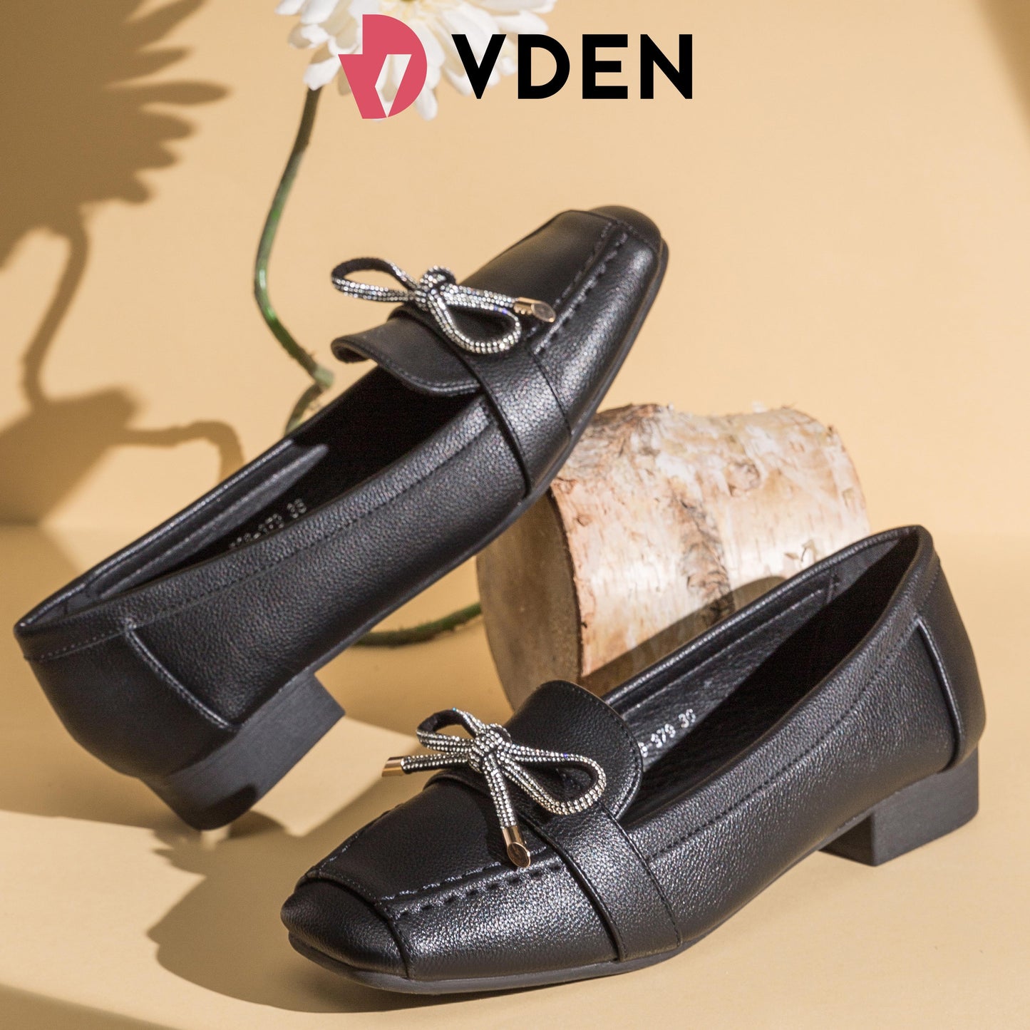 VDEN Women's Square Toe Slip-On Loafers Shoes 1INCH/2.5CM 528-379 Ballet Toe Design Bowknot Rhinestones Decoration Chunky Low Heel Loafers Office Women Shoes