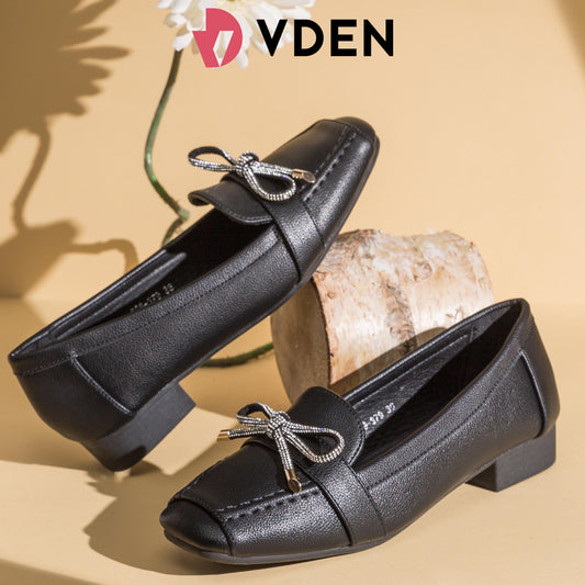 VDEN Women's Square Toe Slip-On Loafers Shoes 1INCH/2.5CM 528-379 Ballet Toe Design Bowknot Rhinestones Decoration Chunky Low Heel Loafers Office Women Shoes
