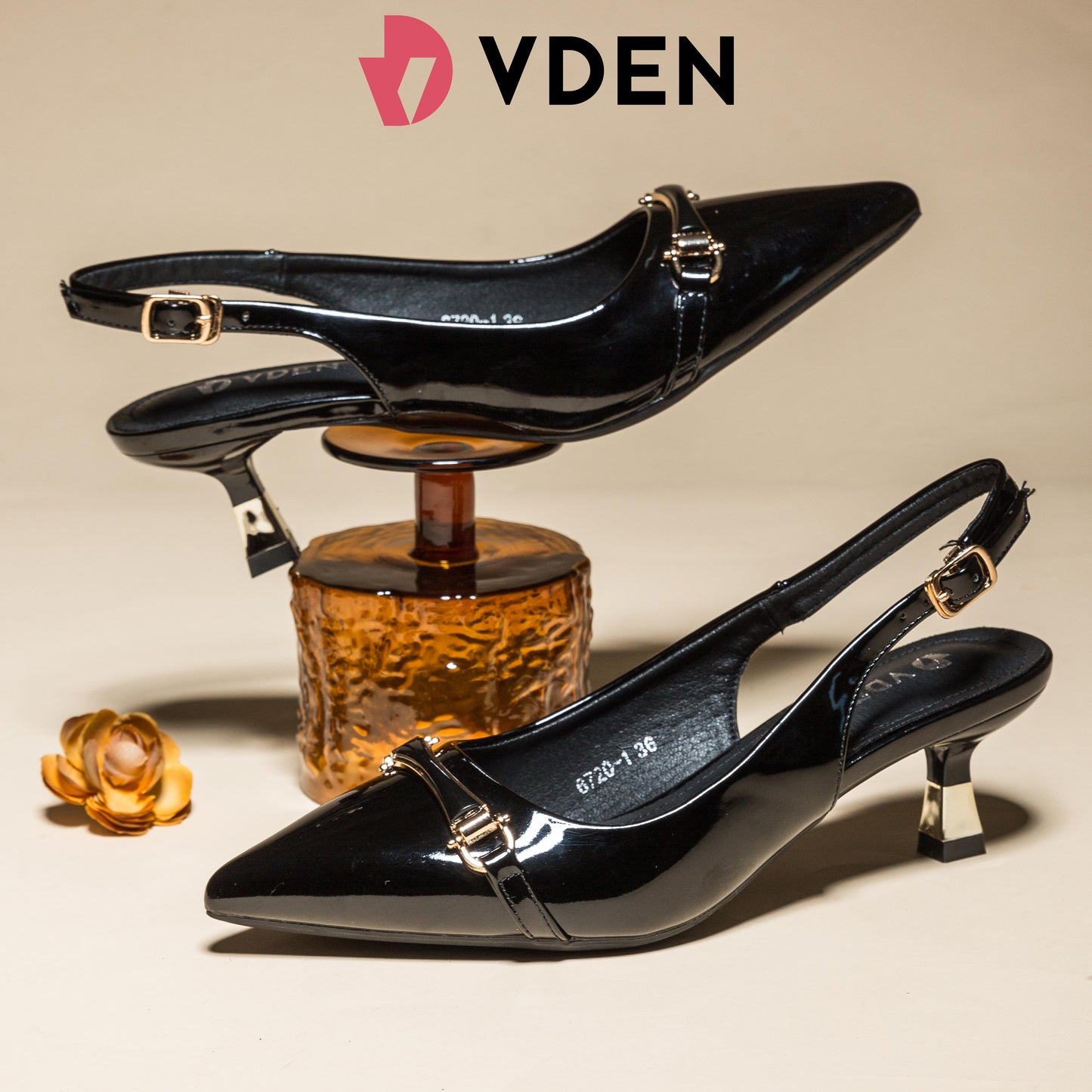 VDEN Patent Pointed-Toe Slingback Heels For Women 2.5INCH/6.4CM 6720-1 Korean Patent Leather Kitten Heels Women's Elegant Pointed Toe Slingback Sandals Fashion Comfort Walking Shoes