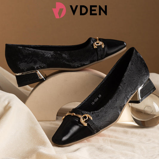 VDEN Leather Buckle Mid Heel Shoes for Women 2.6CM/1INCH Old Money Style Commuting Shoes For Women 78-304 Low Heel Fashionable Square Toe Versatile Thick Heel Shoes