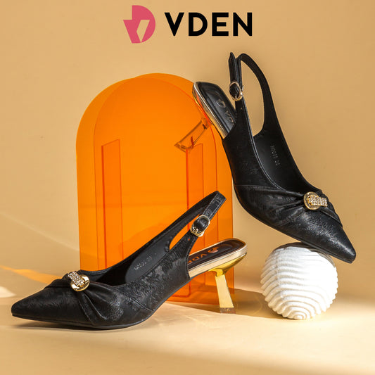 VDEN Women's Satin Embroidered Slingback Heels 2.7INCH/7CM H0665 Commuting Pointy Toe Stilettos