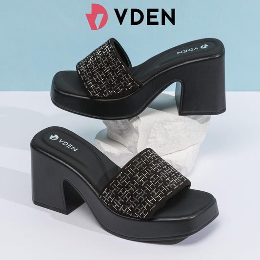 VDEN Rhinestone High Chunky Platform Sandals For Women 3.2INCH/8.5CM 1377-D1 Stylish Thick-soled Pumps With Versatile And Lightweight Heels Mule Open Toe Slip-ons Heels