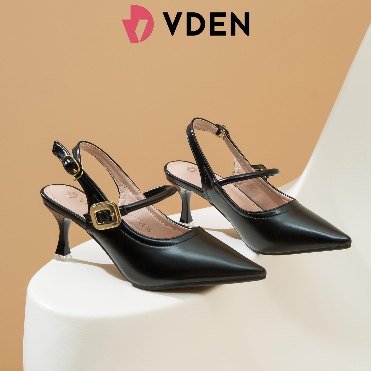 VDEN Women Slingback Buckle Heeled Pumps 2.5INCH/6.5CM 4866-2 Simple Solid Color Design Women's Pointy Toe Heels
