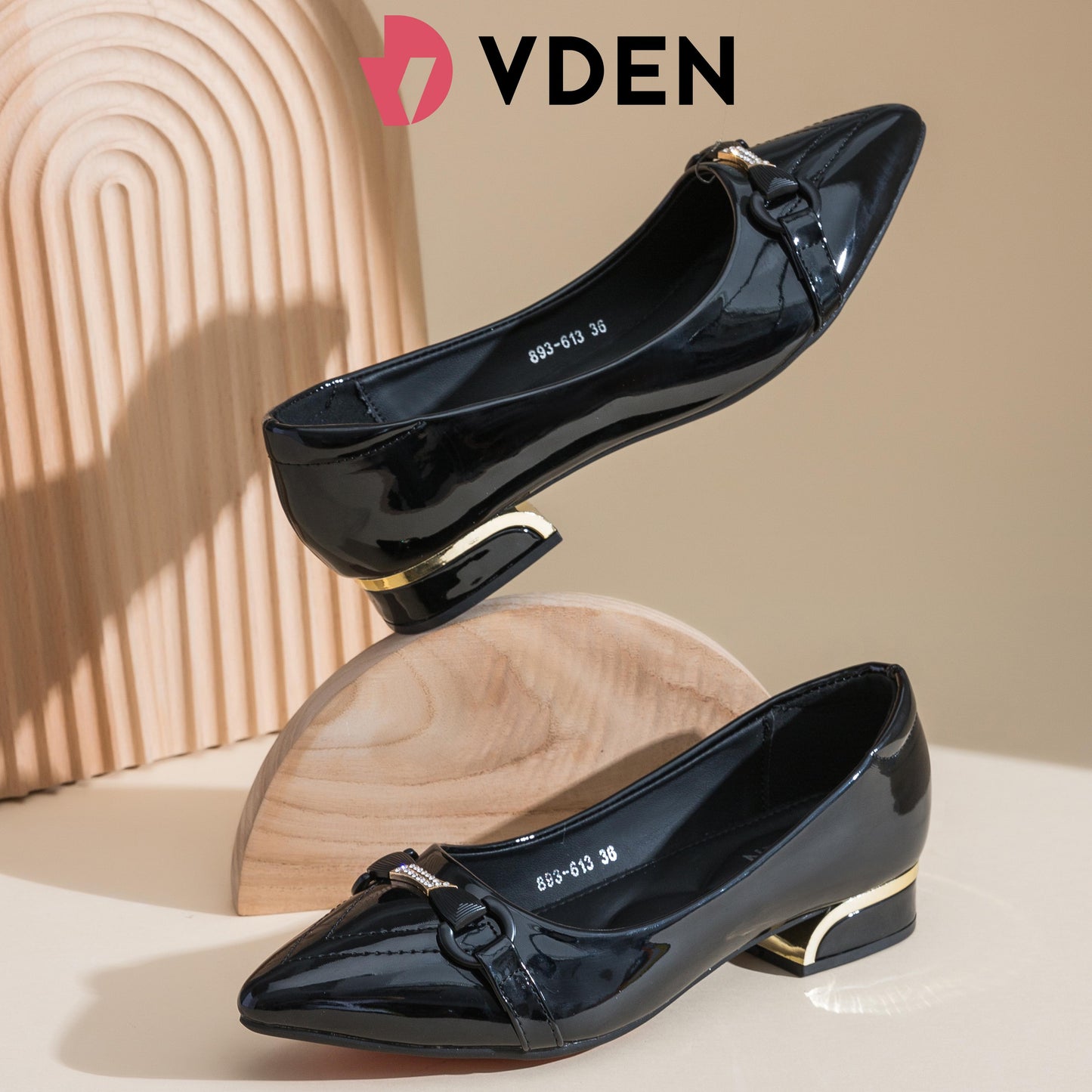 VDEN Pointed Mid Heels Classy Chunky Heeled  Shoes 1INCH/2.5CM 893-613 Pointed Toe Patent Leather Low Heels Comfort Korean Style Slip-on Women's Shoes
