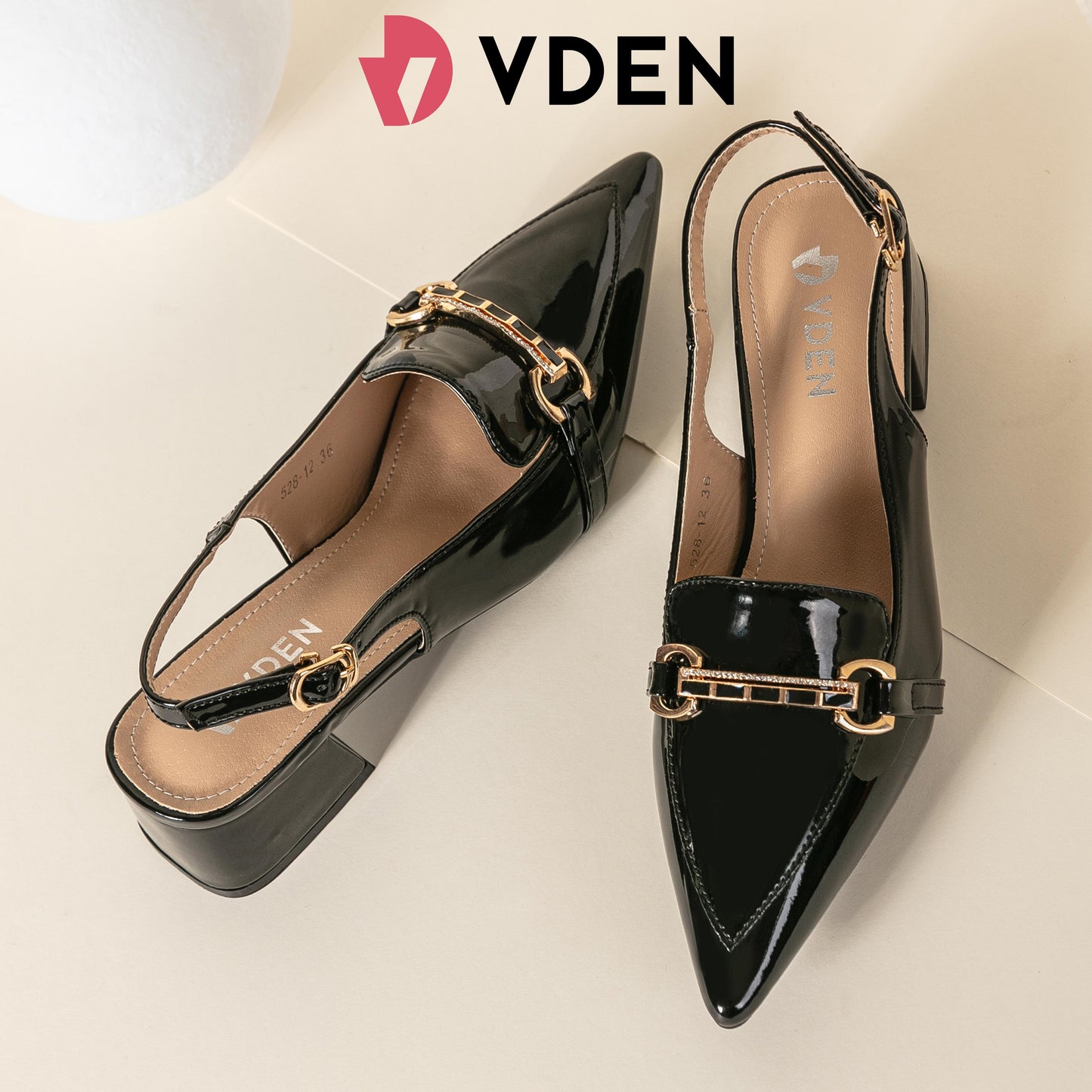 VDEN Slingback Low Block Heels Pointed Toe Office Work Pumps Shoes 1.7INCH/4.5CM 528-12 Korean Style Simple Patent Leather Slingback Shoes Old Fashion Thick Heels