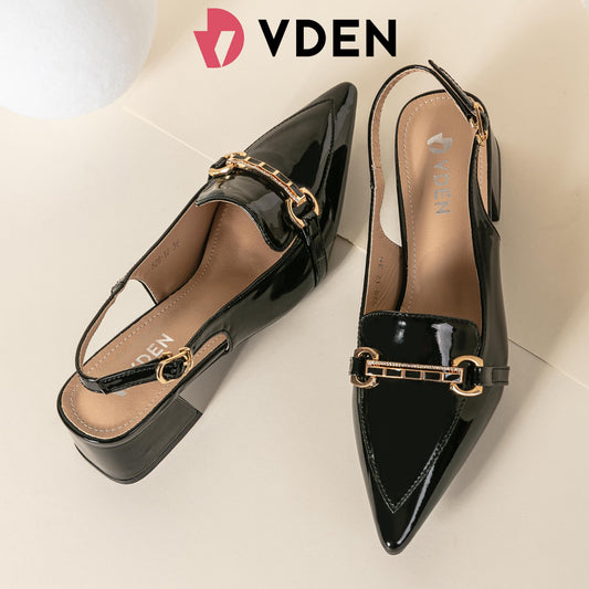 VDEN Slingback Low Block Heels Pointed Toe Office Work Pumps Shoes 1.7INCH/4.5CM 528-12 Korean Style Simple Patent Leather Slingback Shoes Old Fashion Thick Heels