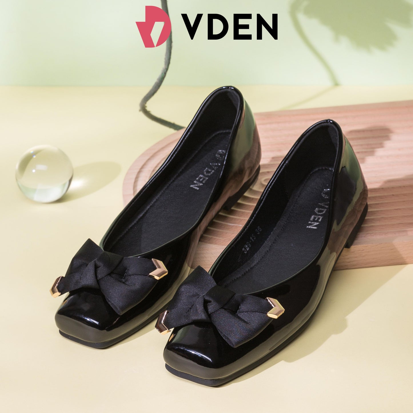 VDEN Patent Leather Bowknot Embellished Square Toe Ballet Flats For Women 0.5INCH/1.2CM 329-15 Korean Square Toe Flat Shoes With Bow Accessories Preppy Style Women's Slip-on Flats Shoes