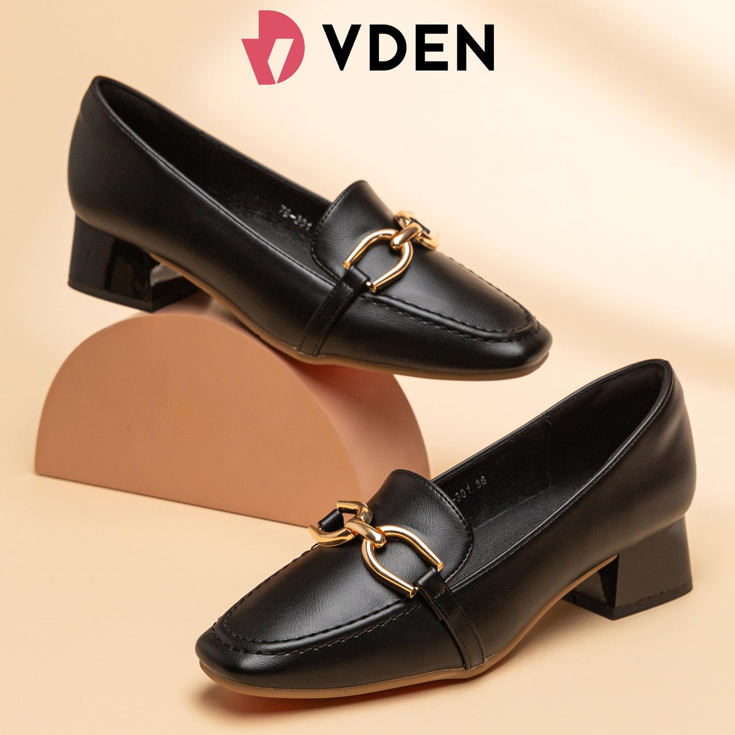 VDEN Leather Heel Gold Buckle Square Toe For Women 3.6CM/1.5INCH Square Toe Thick Heel Old Money Style Loafers Heels 78-301 Women's Office Shoes Footwear