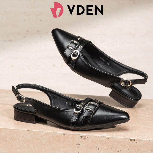 VDEN Women'S Fashion Pointed Toe Slingback Sandals 1INCH/2.7CM 6935-3 Korean Vintage Double-Buckle Pointed Mules for Women Minimalist Korean Style Pointed Low Heels – Double Strap Design Vintage Buckle Slingback Pointed Toe Mules for Women