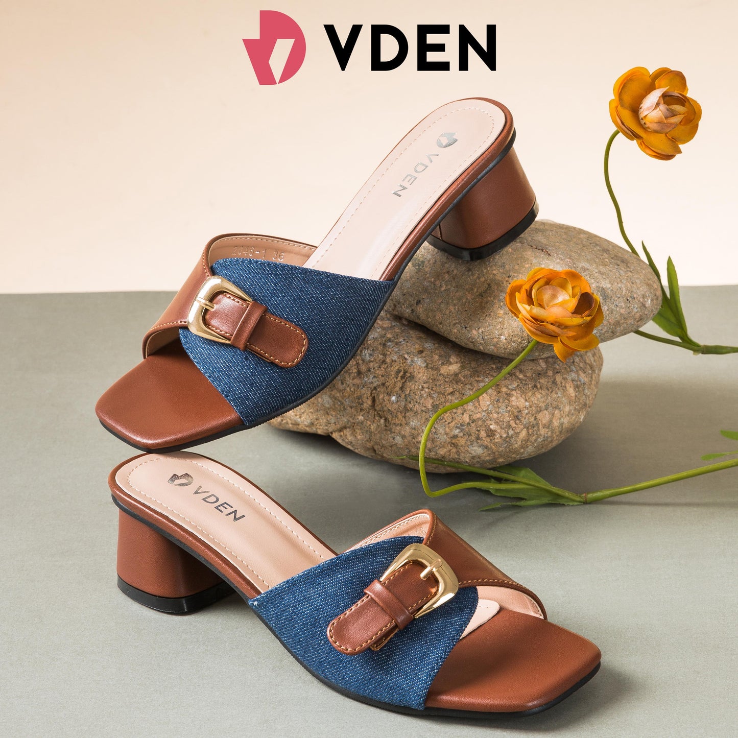VDEN Women's Square Toe Block Heel Mules Sandals (NEED ADD 1 SIZE) 4CM/1.5INCH Retro Color Block Heel Sandals 2046-1 Open Toe Mules Slippers Chunky High Heels Footwear - Shoes