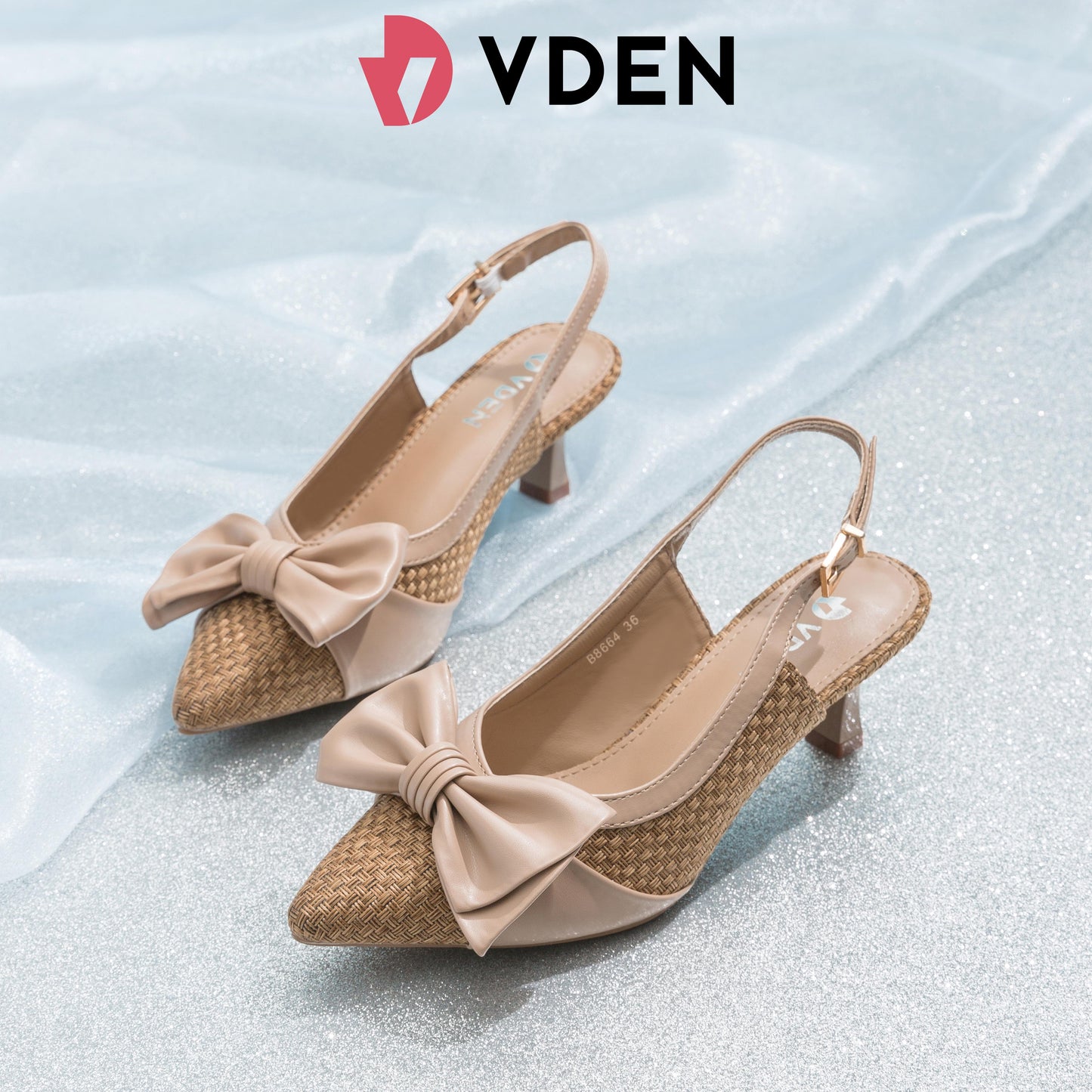 VDEN Women’s Fashion Fabric Woven Pointed Back Strap Heel 2.2INCH/6CM B8664 Color Block Fashionable Braided Pointed Toe Stilettos New Bow Heels