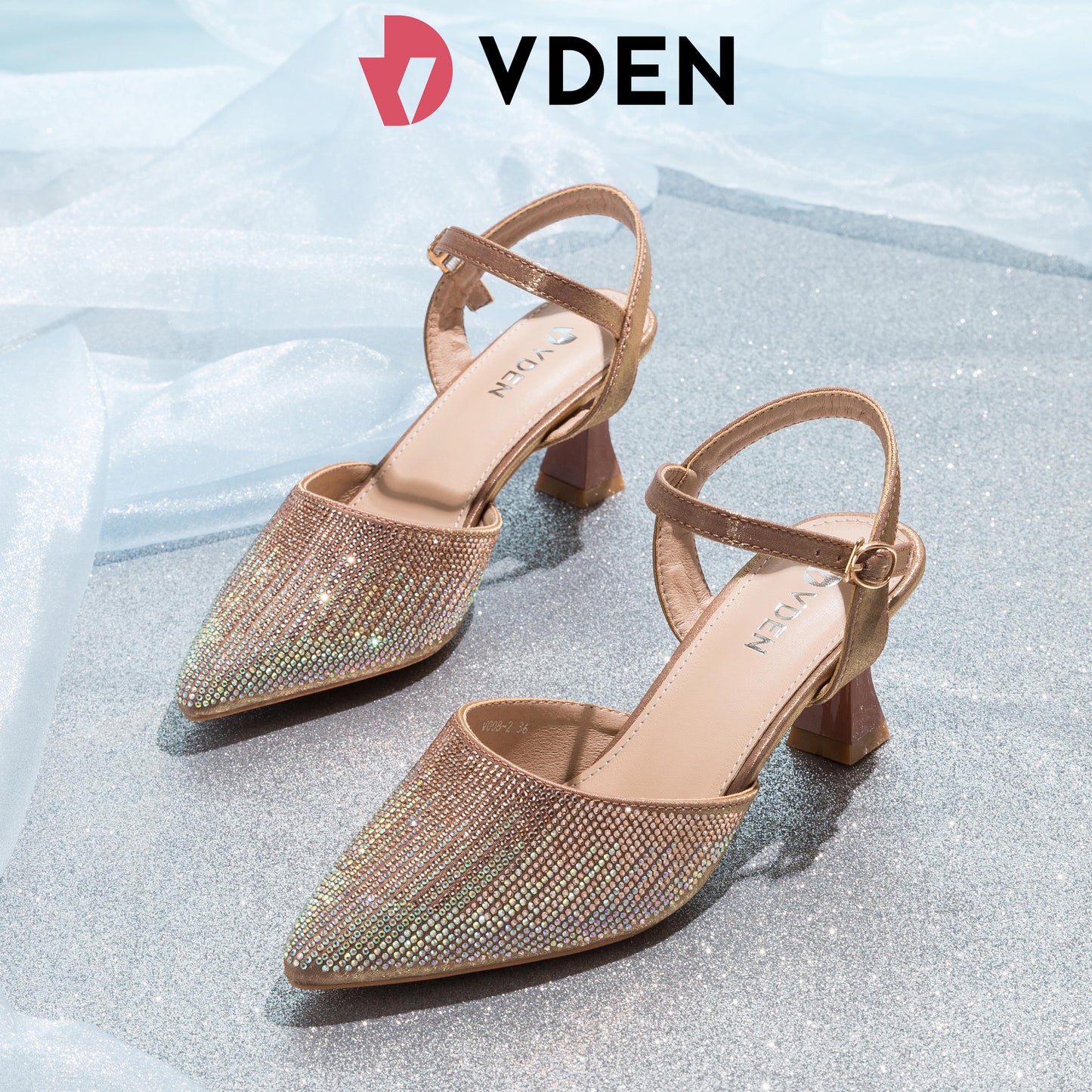 VDEN High-Heeled Shoes For Women (V008-2) 2024 Spring New Women's Fashion Versatile Pointed Toe Stiletto Heel Rhinestone Sandals