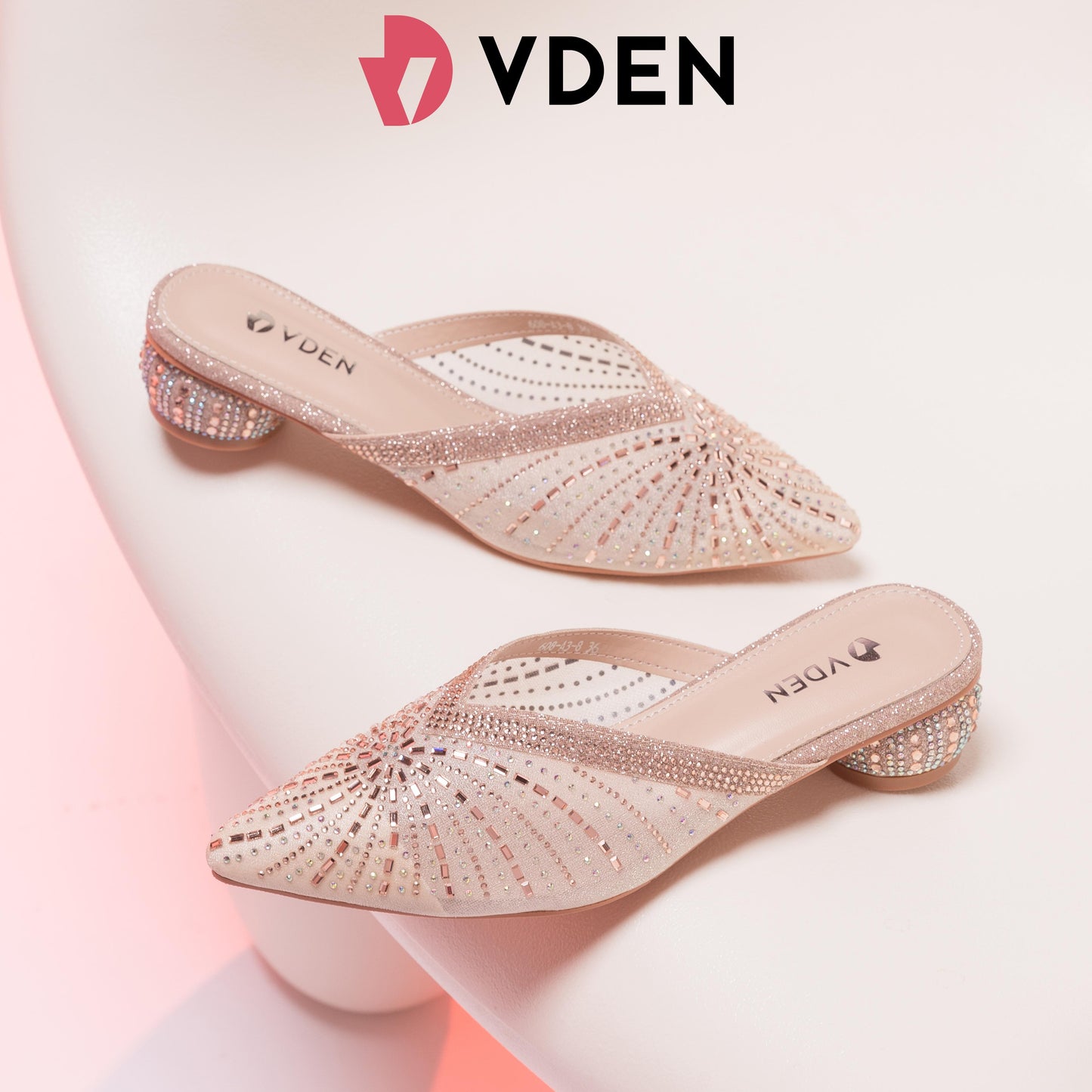 VDEN Pointed Toe Heels Sandal 608-A3-8 Mules Half Slippers For Women Summer Thick Heel Outer Wear 2024 New Style Genuine Leather Rhinestone Fashion Pointed Toe Medium Heel Sandals For Women
