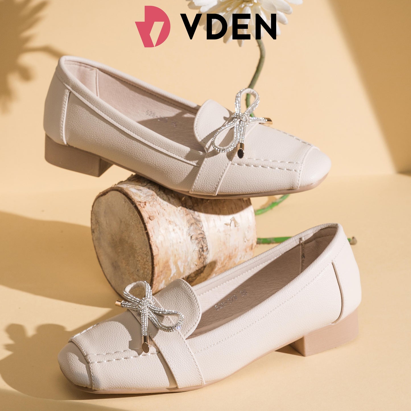 VDEN Women's Square Toe Slip-On Loafers Shoes 1INCH/2.5CM 528-379 Ballet Toe Design Bowknot Rhinestones Decoration Chunky Low Heel Loafers Office Women Shoes