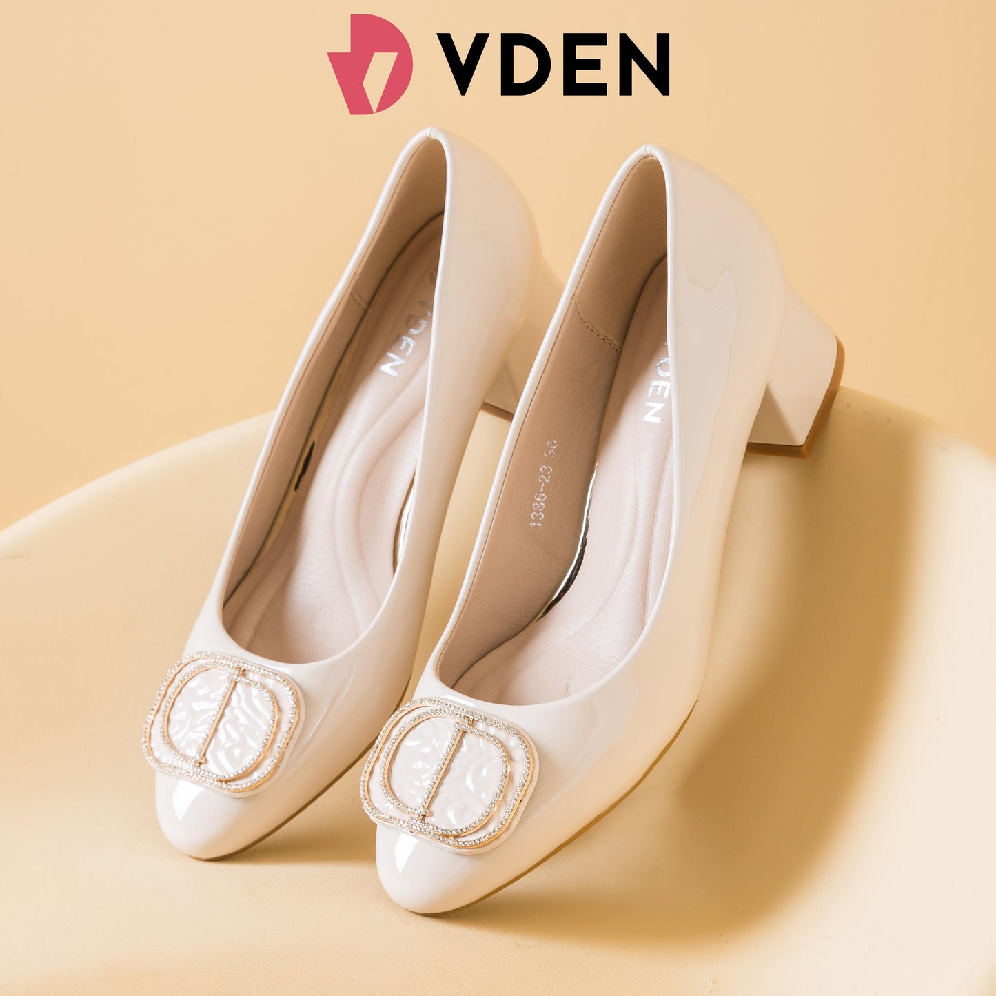 VDEN Round Toe Women's Slip On Metal Buckle Patent Chunky Low Heel Pumps Shoes 1.9INCH/4.8CM 1386-23 Chunky Heel Slip-on Shoes For Women Office Thick Heel Shoes With Rhinestones Old Money Style Heels Elegant Women's Shoes High-end Women's Shoes