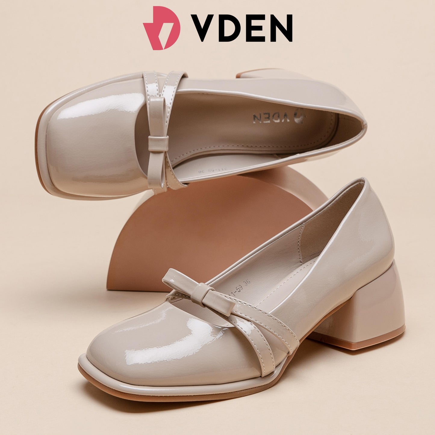 VDEN Fashionable Ribbon Chunky Heeled Lady Pumps Shoes 2INCH/5CM 311-59 Korean Style Elegant Square Toe Thick Heel Mary Jane Patent Leather Shoes Bow Decoration