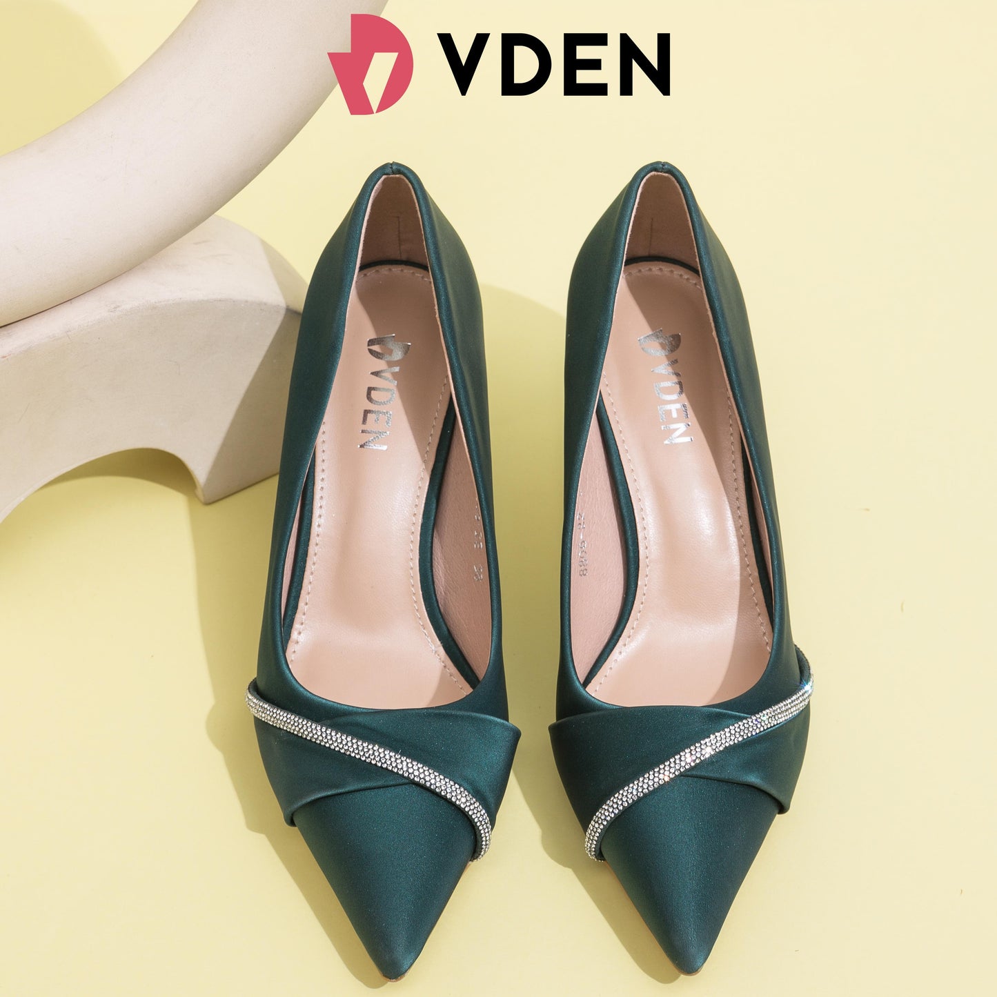 VDEN Women Rhinestone Decor Court Pumps Point Toe Heeled Shoes 3INCH/7.7CM 8806-22 Party High-end Satin Pointed-toe Heels Simple Intellectual Stilettos Heels