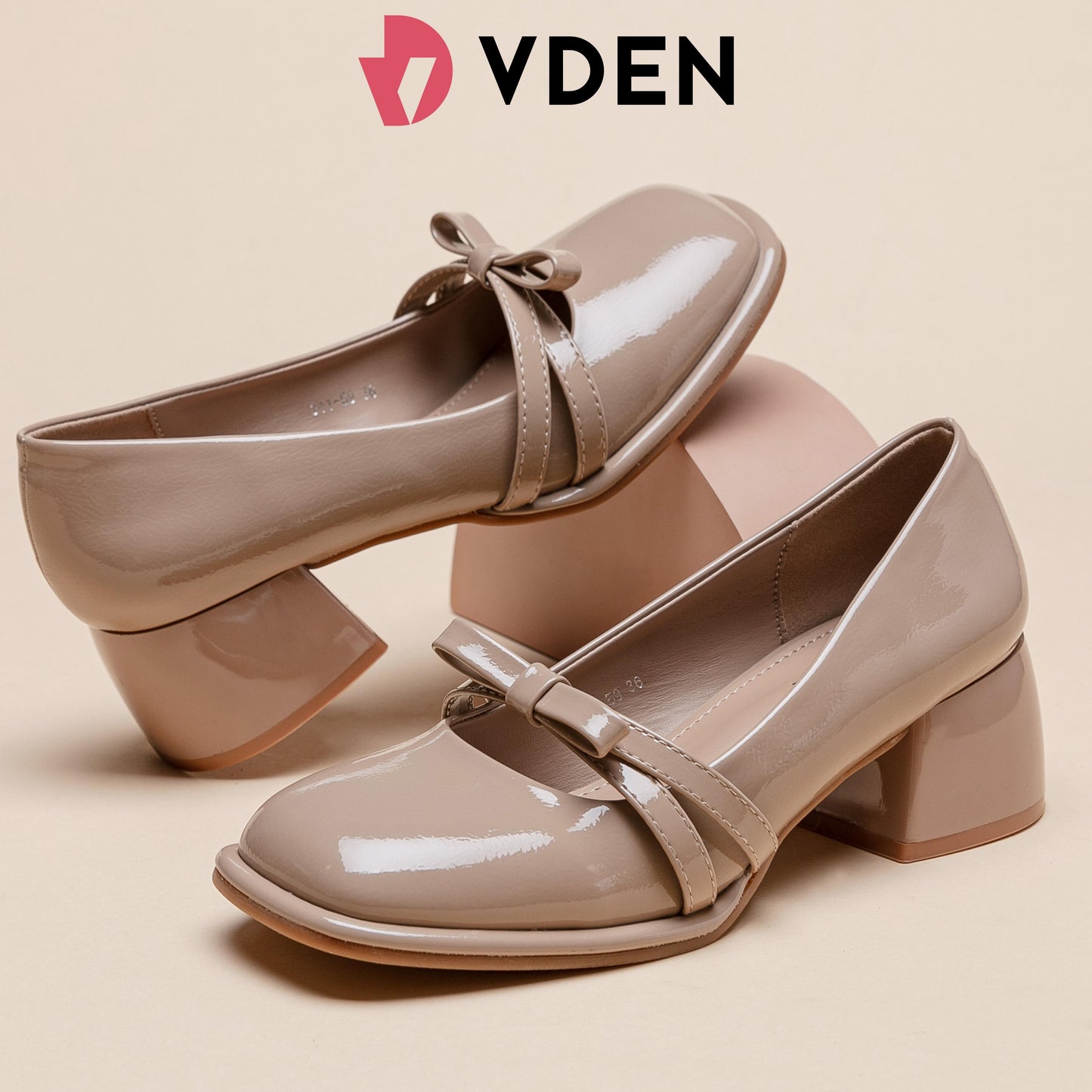 VDEN Fashionable Ribbon Chunky Heeled Lady Pumps Shoes 2INCH/5CM 311-59 Korean Style Elegant Square Toe Thick Heel Mary Jane Patent Leather Shoes Bow Decoration