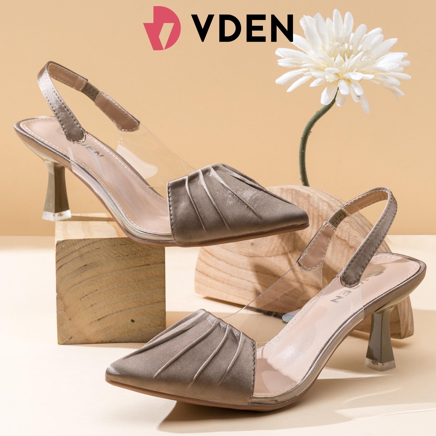 VDEN Satin Patent Leather Slingback-Heeled Shoes For Women 2.7INCH/7CM 4408-3 Fairy Style Sandals With Pointed Toe Fashionable Color Matching And Transparent Stitching Color
