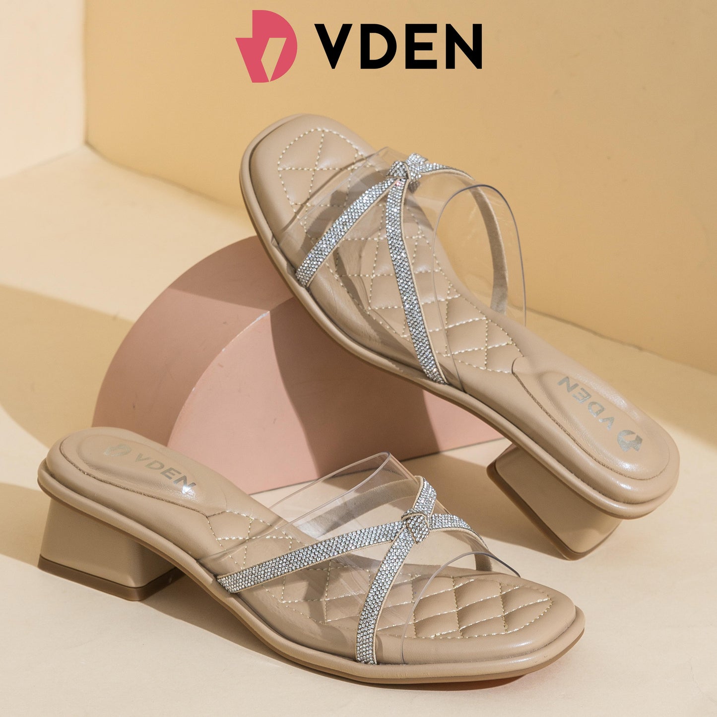 VDEN VDEN Elegant Rhinestone Strap Heeled Sandals For Women 1.2INCH/3.3CM 542-21  Sparkly Crystal Strap Open Toe Sandals Quilted Cushion Heel Sandals for Women Summer Elegant Slip-On Heeled Sandals Walking Shoes Glitter Strap Square Heel Party Sandals