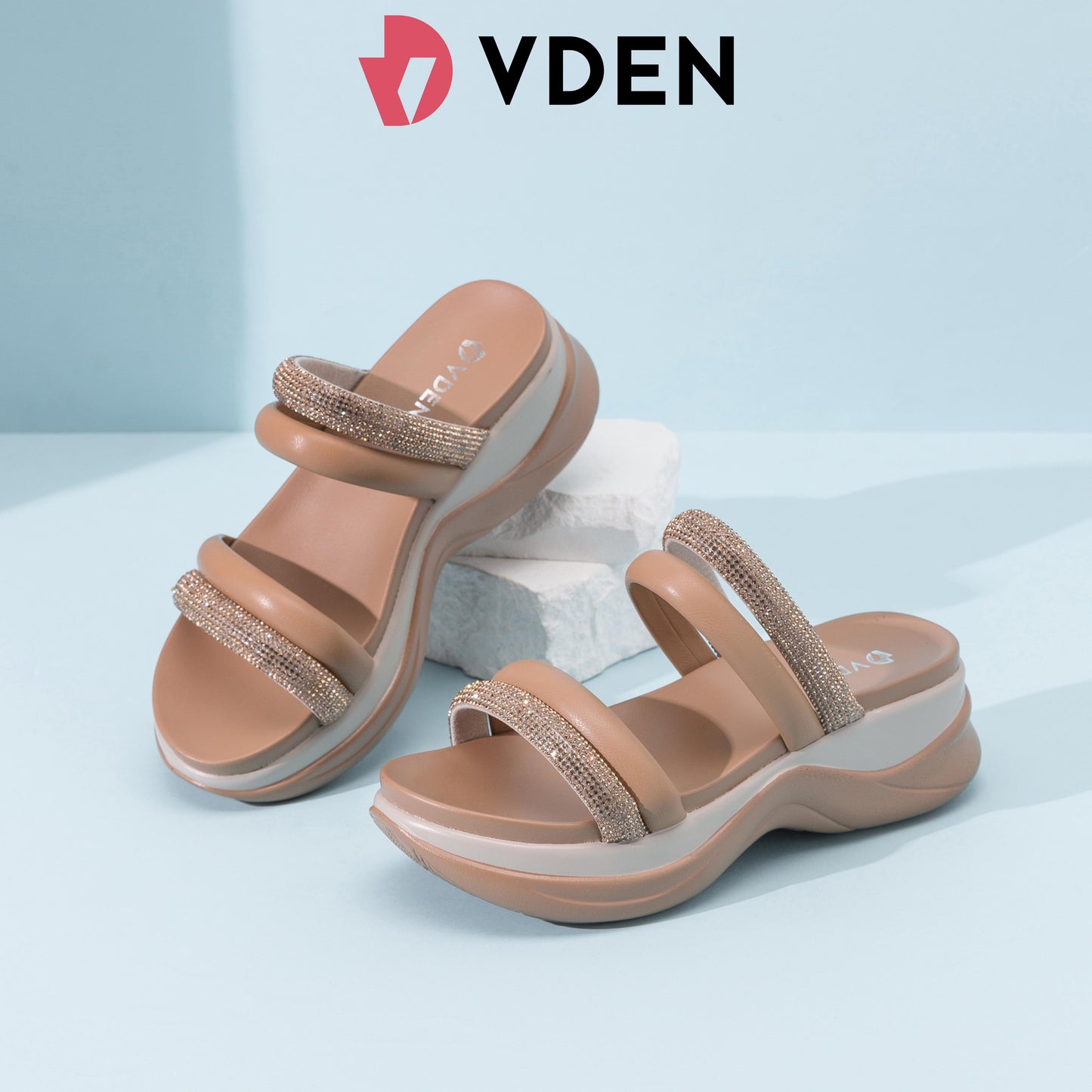 VDEN Elegant Double Strap With Rhinestone Wedge Sandals 1.4INCH/4.5CM Women's Simple Thick-soled Fashion Sandals Korean Style Rhinestone Temperament Casual Sandals Women's Slippers 23518-B