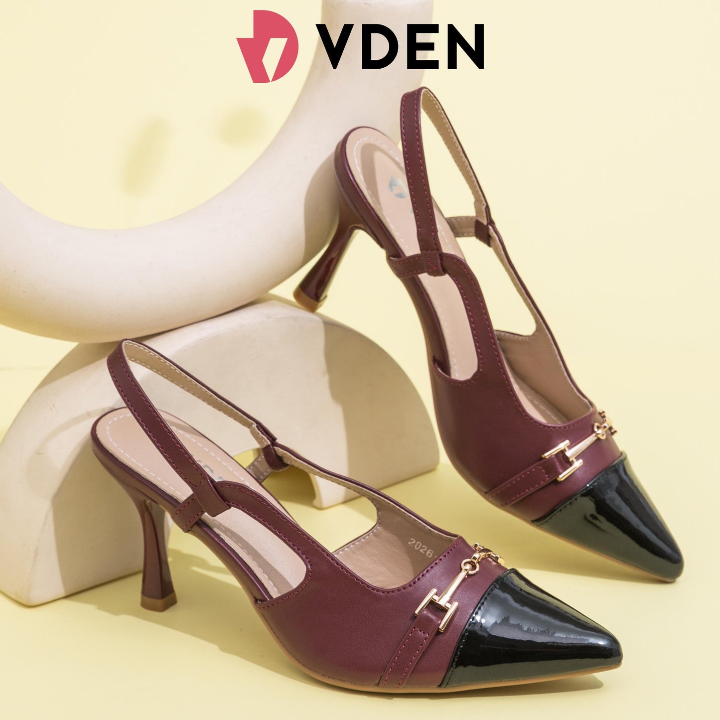 VDEN Pointy Slingback Ladies High Heels Fashion Pumps 3.2INCH/8.5CM 2026-100 Retro Style Stilettos Heels Stylish Color Block French Sandals