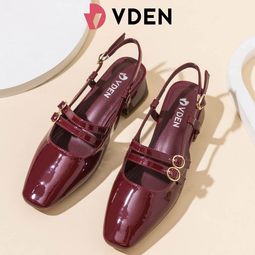 VDEN Slingback heel For Women With glossy Leather Square Toe Mary Jane Shoes 1.5inch/3.9cm heel 78-Z