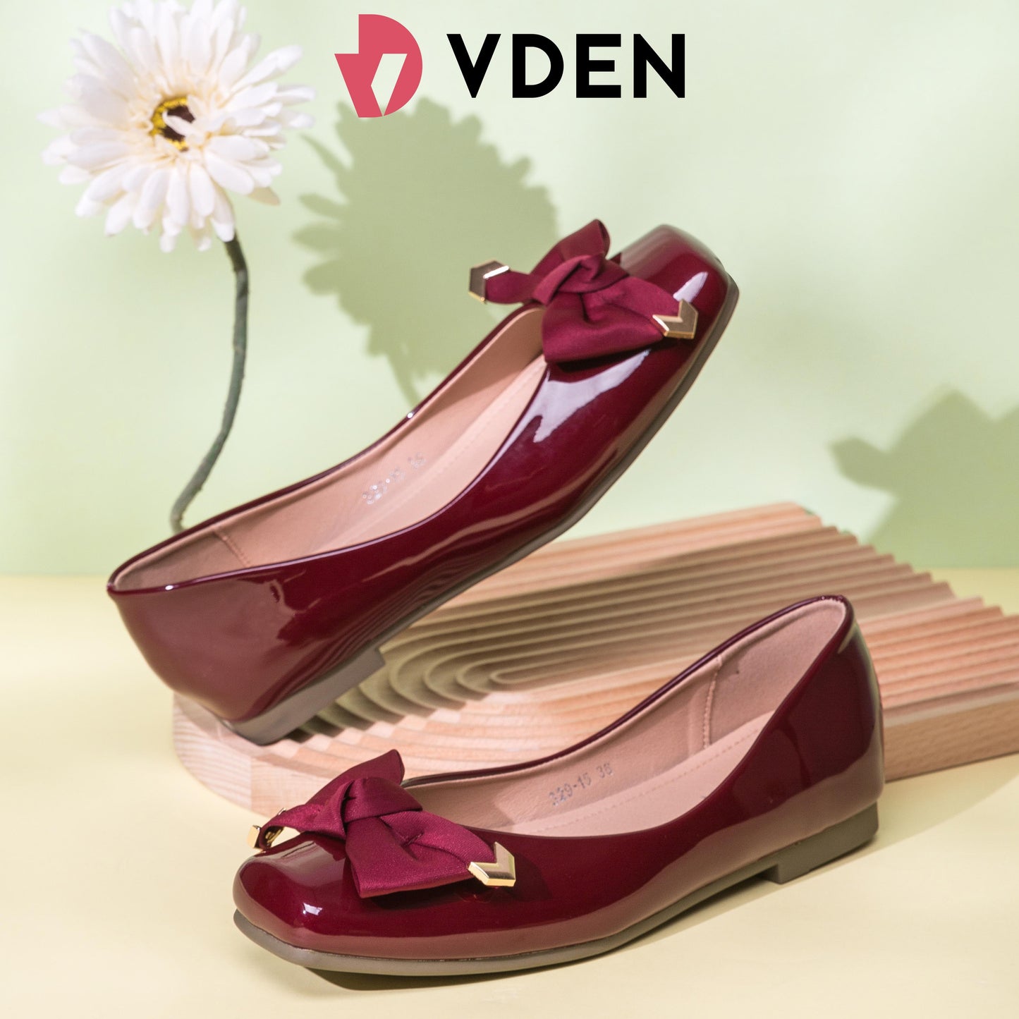 VDEN Patent Leather Bowknot Embellished Square Toe Ballet Flats For Women 0.5INCH/1.2CM 329-15 Korean Square Toe Flat Shoes With Bow Accessories Preppy Style Women's Slip-on Flats Shoes