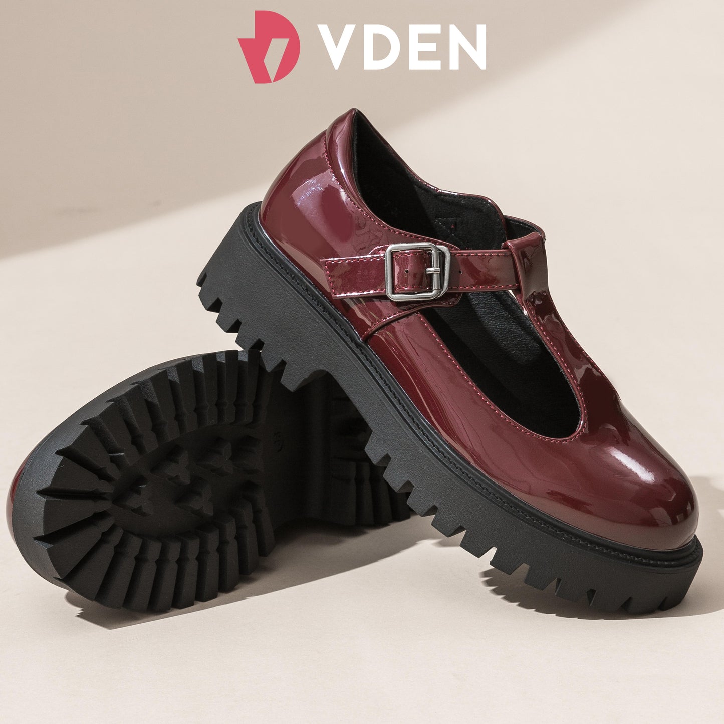 VDEN Mary Jane Shoes Women Platform Round Toe Chunky Heel T-Strap 1.6INCH/4.2CM 478A-7 College Style Patent Leather Thick-soled Loafers Solid Color Women's Leather Shoes