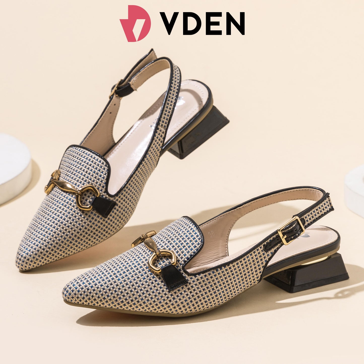 VDEN Stylish Slingback Mules Women's Shoes With Pointed Toe Thick Heel And Metal Buckle For Women 1INCH/2.8CM X1-1 Elegant Women’s Slingback Heels – Textured Pointed Mules with Metal Buckle Design Low Heeled Slingback Sandals with Horsebit Chain Detail
