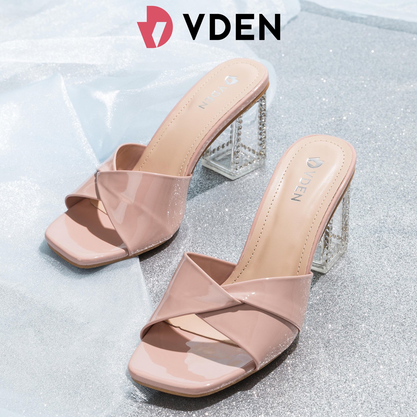 VDEN French high heels retro mid-heel sandals 186-8 crystal heel office slippers for women summer outer wear 2024 new style