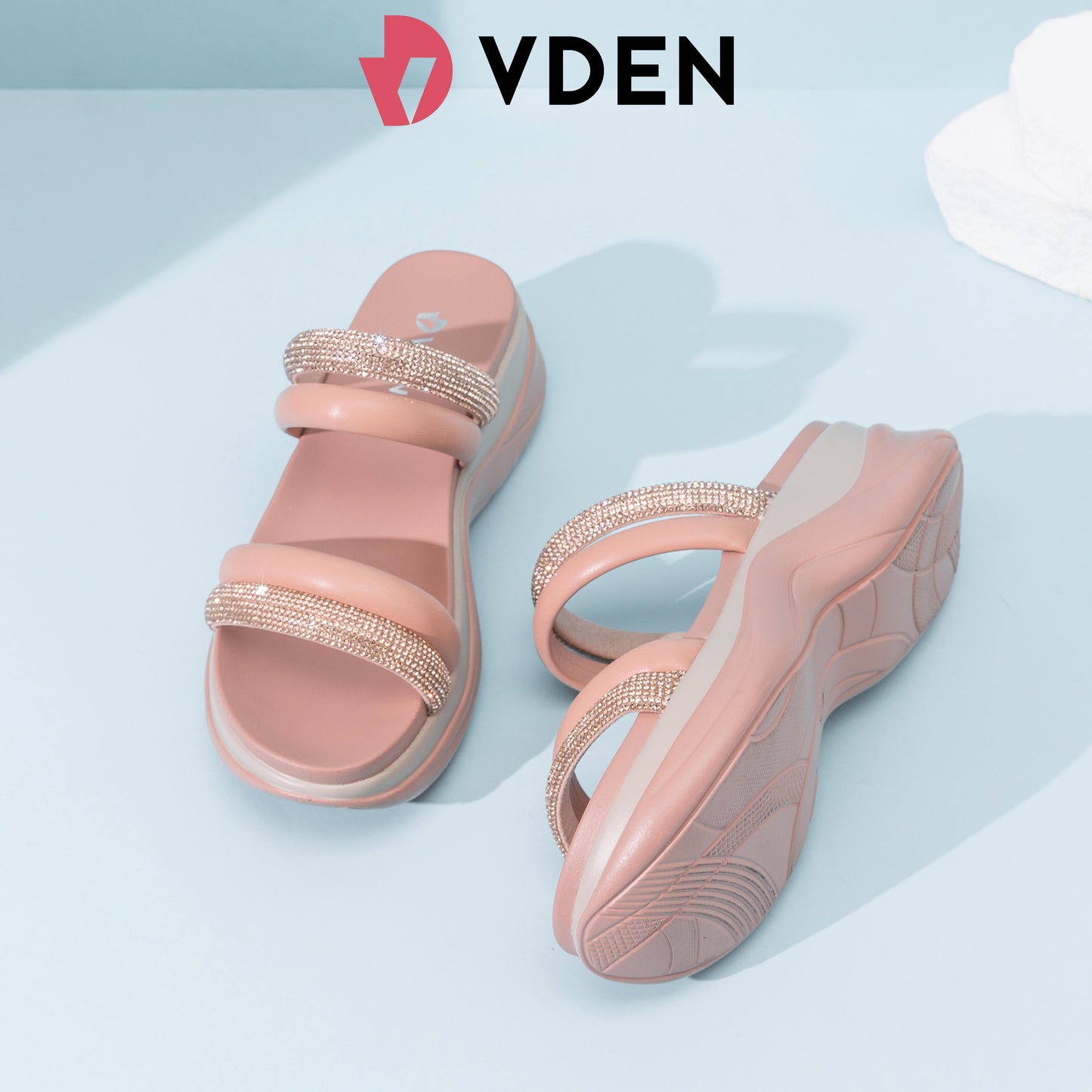 VDEN Elegant Double Strap With Rhinestone Wedge Sandals 1.4INCH/4.5CM Women's Simple Thick-soled Fashion Sandals Korean Style Rhinestone Temperament Casual Sandals Women's Slippers 23518-B