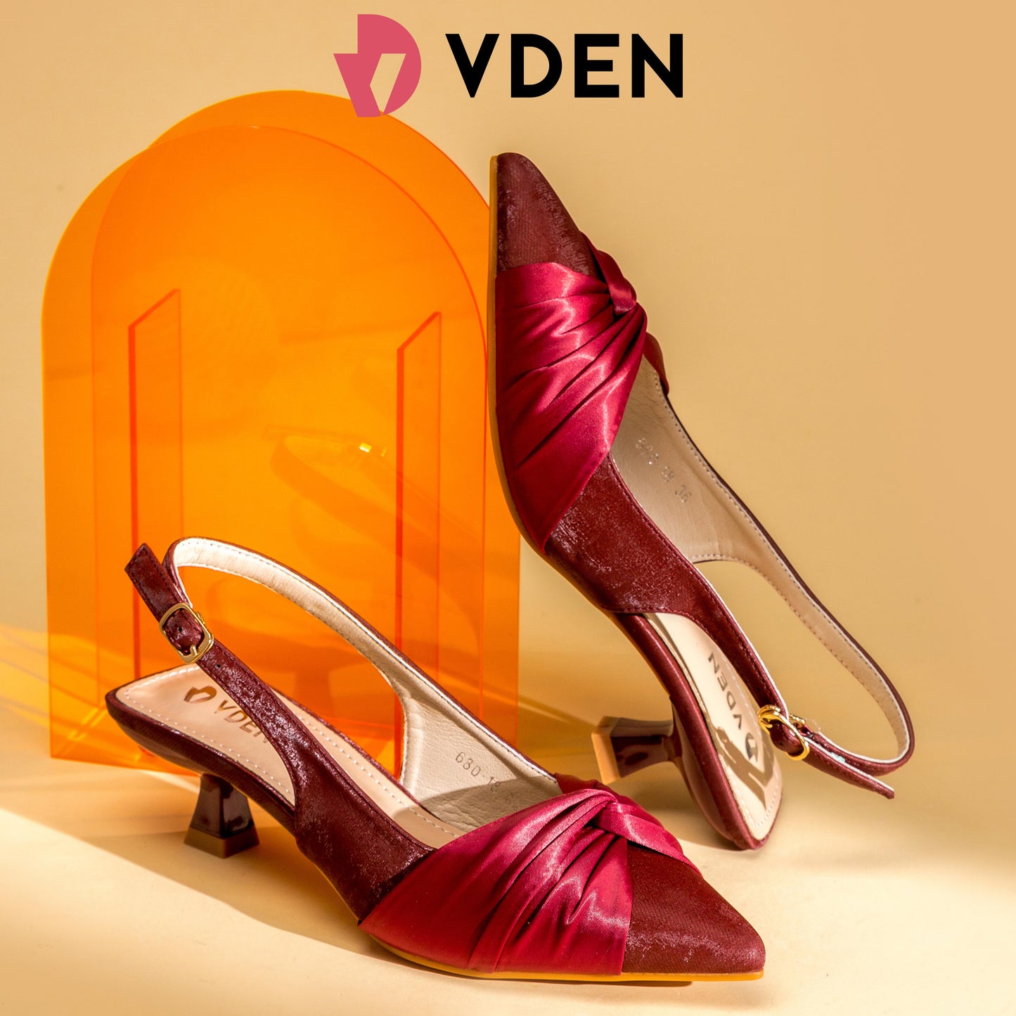 VDEN Women Slingback Shoes With Buckle Design Pointed Toe mid heel 2INCH/5CM 680-18 Elegant Satin Upper Decoration French Simple Stiletto Shoes